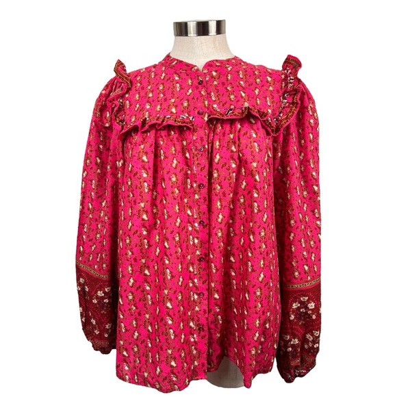 Joie Pink & Red Printed Long Sleeve‎ Button Down Blouse Size Large - Picture 1 of 7